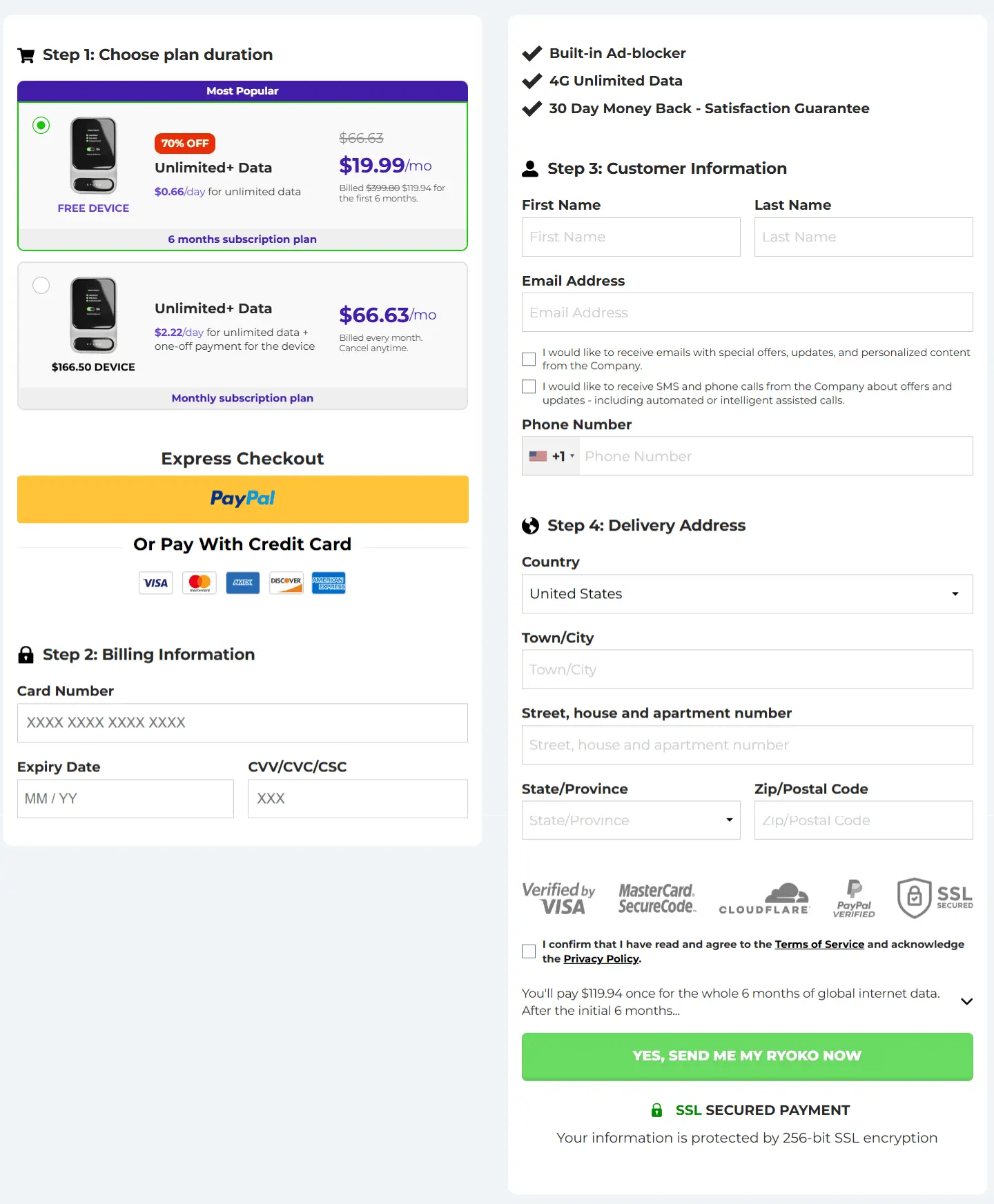 Ryoko PRO secure checkout page